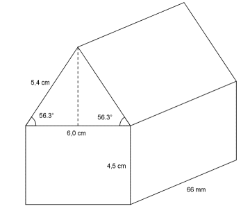 Figuren består av et rett, trekantet prisme og et rett, firkantet prisme. Det trekantede prismet står oppå (toppen av) den firkantede. Sistnevnte har lengde 66 mm, bredde 6,0 cm og høyde 4,5 cm. Vinklene som "går ut i fra" siden i det trekantede prismet med lengde 4,0 m er begge på 56,3 grader, og en av de andre sidene i trekanten som prismet er bygget opp av har lengde 5,4 cm.